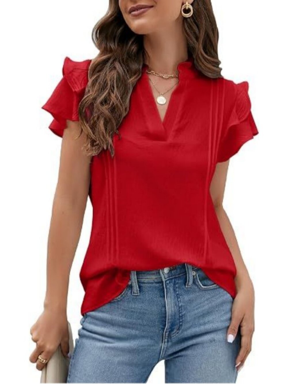 Womens V Neck Ruffle Sleeve Blouse Dressy Casual Short Sleeve Top